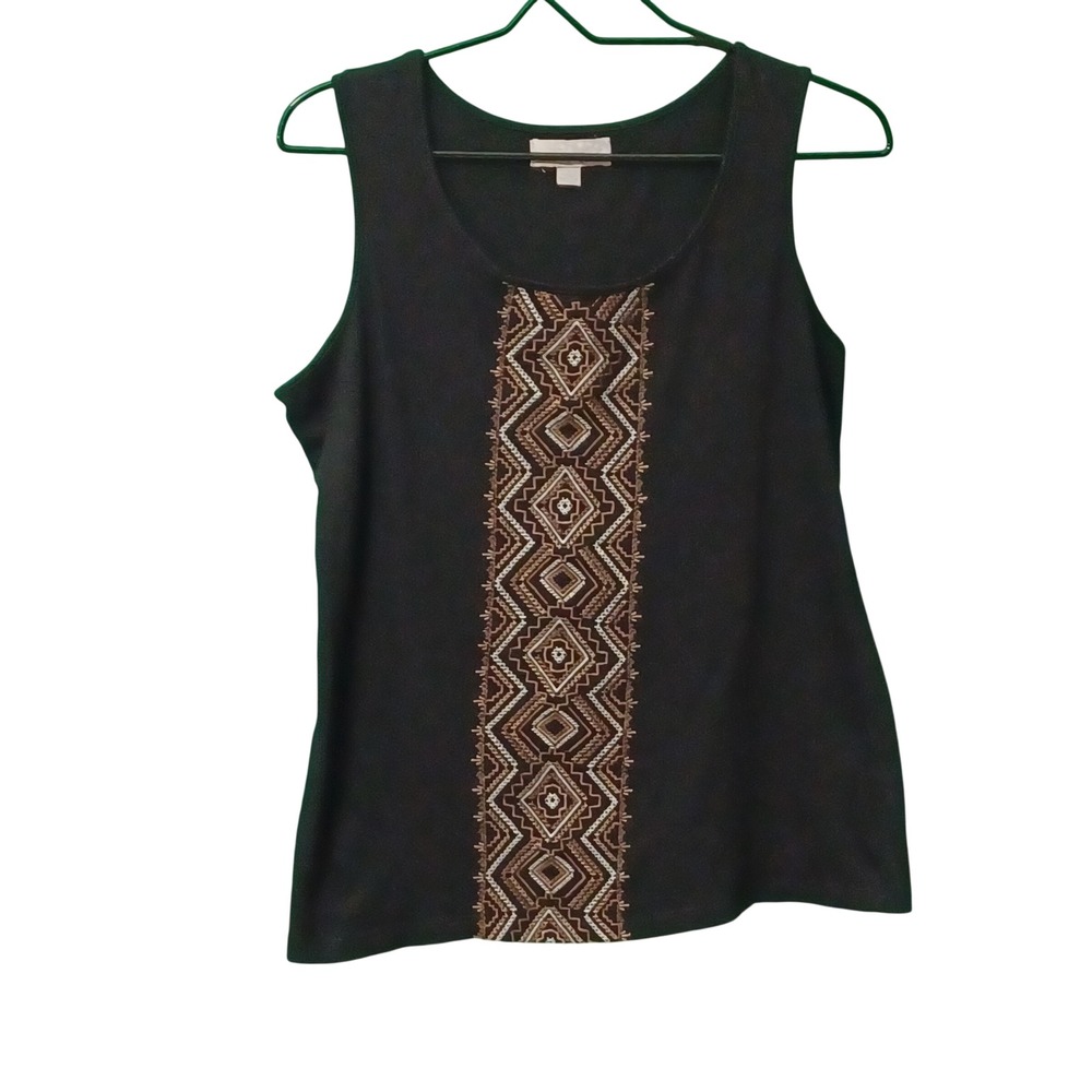 Carolyn Taylor Women Black Geometric Embroidered Sleeveless Knit Tank Top Size S